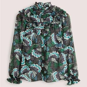 Boden Butterfly Print Blouse - Green and Black